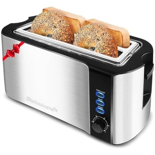 Elite Gourmet ECT-3100 Long Slot 4 Slice Toaster, Reheat, 6 Toast Settings
